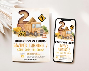Editable Construction Birthday Invitation, Dump Truck 2nd Birthday Invite, Boy Construction Party Invite, Construction Truck Party, 94BD