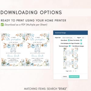 The image is a screenshot of a printable baby shower invitation featuring a pumpkin theme. The invitation is designed to be printed using a home printer, and it includes options for paper size, page number, and print multiple pages.