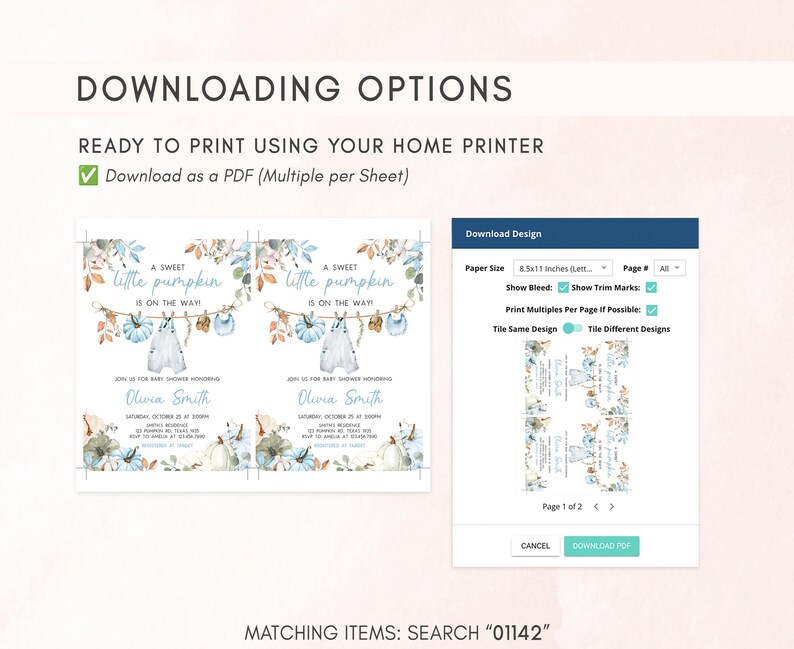 The image is a screenshot of a printable baby shower invitation featuring a pumpkin theme. The invitation is designed to be printed using a home printer, and it includes options for paper size, page number, and print multiple pages.