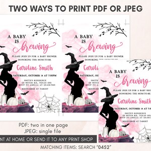 Editable A Baby is Brewing Girl Halloween Baby Shower Invitation, Pink Witch Baby Shower Invite, Halloween Baby Shower Invite Template 0452 image 4