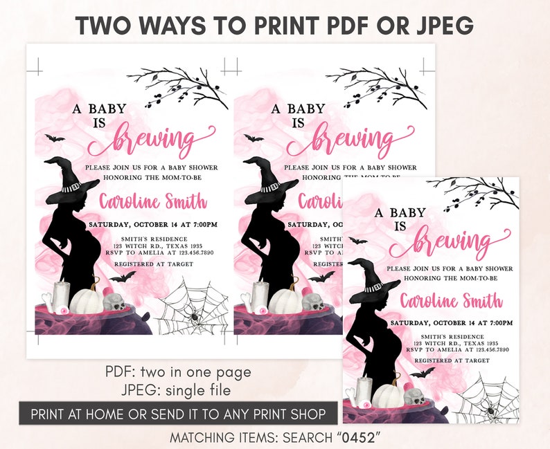 Editable A Baby is Brewing Girl Halloween Baby Shower Invitation, Pink Witch Baby Shower Invite, Halloween Baby Shower Invite Template 0452 image 4