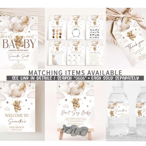 Puede incluir: Un conjunto de decoraciones imprimibles para una fiesta de baby shower con un oso de peluche marr&oacute;n que sostiene globos. Las decoraciones incluyen un cartel de bienvenida, un cartel de 'no digas beb&eacute;', etiquetas para botellas de agua y una etiqueta de agradecimiento. El tema es un oso de peluche marr&oacute;n con globos y nubes.