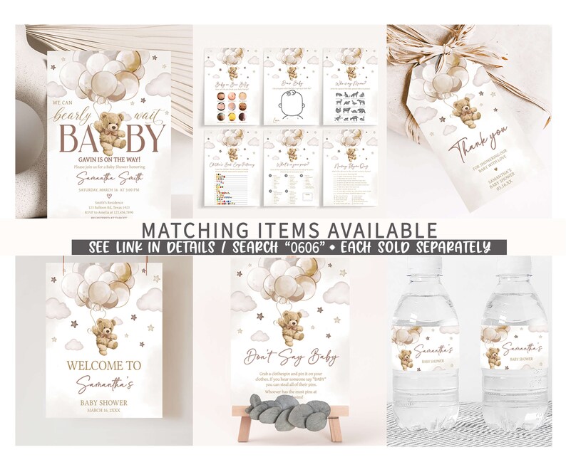 Puede incluir: Un conjunto de decoraciones imprimibles para una fiesta de baby shower con un oso de peluche marr&oacute;n que sostiene globos. Las decoraciones incluyen un cartel de bienvenida, un cartel de 'no digas beb&eacute;', etiquetas para botellas de agua y una etiqueta de agradecimiento. El tema es un oso de peluche marr&oacute;n con globos y nubes.