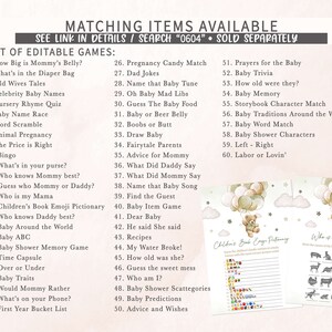 Puede incluir: Un conjunto de juegos de baby shower imprimibles con un esquema de color rosa claro y verde. Los juegos incluyen "How Big is Mommy's Belly?", "What's in the Diaper Bag", "Old Wives Tales", "Celebrity Baby Names", "Nursery Rhyme Quiz", "Baby Name Race", "Word Scramble", "Animal Pregnancy", "The Price is Right", "Bingo", "What's in your purse?", "Who knows Mommy best?", "Guess who Mommy or Daddy?", "Who is my Mama", "Children's Book Emoji Pictionary", "Who knows Daddy best?", "Baby Around the World", "Baby ABC", "Baby Shower Memory Game", "Time Capsule", "Over or Under", "Baby Traits", "Would Mommy Rather", "What's on your Phone?", "First Year Bucket List", "Pregnancy Candy Match", "Dad Jokes", "Name that Baby Tune", "Oh Baby Mad Libs", "Guess The Baby Food", "Baby or Beer Belly", "Boobs or Butt", "Draw Baby", "Fairytale Parents", "Advice for Mommy", "What Did Daddy Say", "What Did Mommy Say", "Name that Baby Song", "Find the Guest", "Baby Item Game", "Dear Baby", "He said She said", "Recipes", "My Water Broke!", "How old was she?", "Guess the sweet mess", "Who am I?", "Baby Shower Scattegories", "Baby Predictions", "Advice and Wishes", "Prayers for the Baby", "Baby Trivia", "How old were they?", "Baby Memory", "Storybook Character Match", "Baby Traditions Around the World", "Baby Word Match", "Baby Shower Characters", "Left - Right", "Labor or Lovin'".