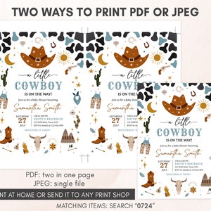 Editable Little Cowboy Baby Shower Invitation, Blue Wild West Baby Shower Invite, Country Western Rodeo Baby Shower Invitation Template 0724 image 3