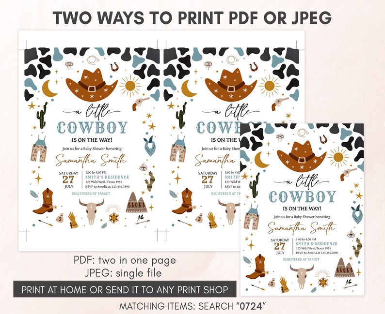 Editable Little Cowboy Baby Shower Invitation, Blue Wild West Baby Shower Invite, Country Western Rodeo Baby Shower Invitation Template 0724 image 3