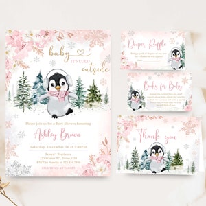 Editable Winter Penguin Baby Shower Invitation Bundle, Girl Penguin Baby Shower Invite Set, Pink Baby It's Cold Outside Baby Shower, 0557 image 1