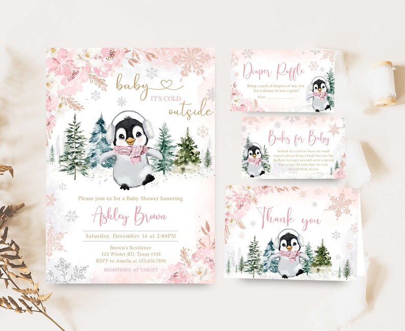 Editable Winter Penguin Baby Shower Invitation Bundle, Girl Penguin Baby Shower Invite Set, Pink Baby It's Cold Outside Baby Shower, 0557 image 1