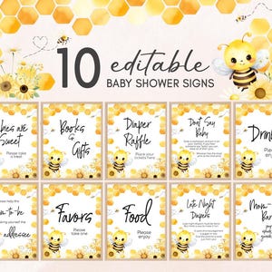 May include: Ten printable baby shower signs featuring a cute cartoon bee and honeycomb pattern. The signs include text such as "Babies are Sweet", "Books & Gifts", "Diaper Raffle", "Don't Say Baby", "Drinks", "Favors", "Food", "Late Night Diapers", "Mom-Osa Bar", and "Please help the mom-to-be by making yourself the addressee".