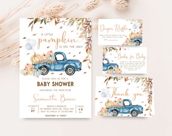 May include: Baby shower invitation set featuring a blue truck carrying pumpkins. The invitation reads "A Little Pumpkin is on the Way!" with details for the event. Includes cards for diaper raffle, books for baby, and thank you notes.
