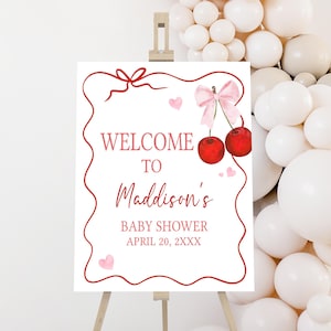 Editable Cherry Baby Shower Welcome Sign, Cherry on Top Pink Bow Baby Shower Welcome Poster, Coquette Cherry Minimal Baby Shower Sign, 01033