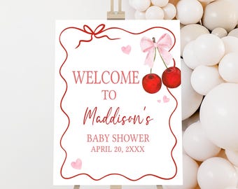 Editable Cherry Baby Shower Welcome Sign, Cherry on Top Pink Bow Baby Shower Welcome Poster, Coquette Cherry Minimal Baby Shower Sign, 01033