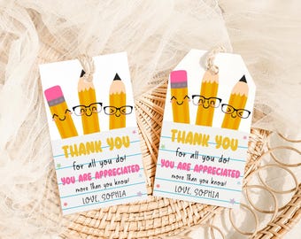 Editable Teacher Appreciation Tags, Pencil Teacher Appreciation Week Gift Tags, Pencil End of School Year Tag, Thank you Teacher Tags, 88SE