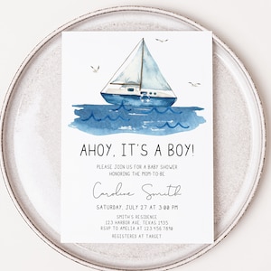 Editable Ahoy It&#39;s a Boy Baby Shower Invitation, Nautical Baby Shower Invite, Baby Boy Nautical, Blue Boat Baby Shower Invitation, 0780