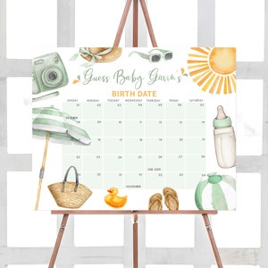 Bearbeitbarer Splish Splash Babyparty Fälligkeitsdatumskalender, Sommerstrand-Babypartykalender, Grüner Strand-Sommer-Babypartyspielvorlage, 0853