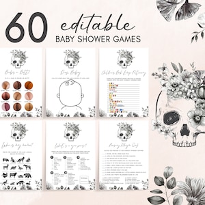 Editable Halloween Baby Shower Games Bundle, Black Gothic Baby Shower Game Pack, Black Floral Skull Baby Shower Games Set, A Little Boo 0432