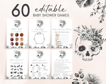 Editable Halloween Baby Shower Games Bundle, Black Gothic Baby Shower Game Pack, Black Floral Skull Baby Shower Games Set, A Little Boo 0432