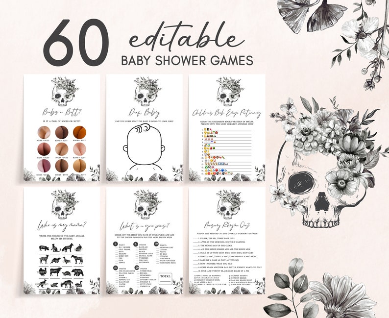 Halloween Black Gothic with Floral Skull with A Little Boo is Almost Due Baby Shower Games Bundle