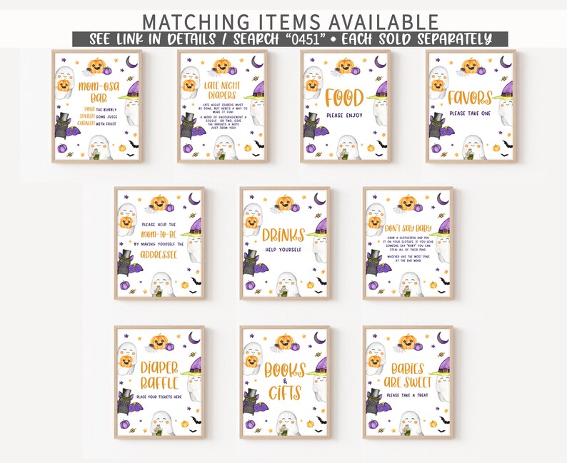 May include: A collection of framed Halloween-themed signs with various phrases and illustrations. Each sign features a cartoon ghost, pumpkin, bat, and witch hat. Text includes "Mom-osa Bar," "Late Night Diapers," and "Food."