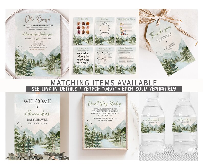 Panneau de bienvenue modifiable Oh Boy, laissez l'aventure commencer, affiche de bienvenue pour baby shower des montagnes des bois, baby shower aventure, 0497 image 2