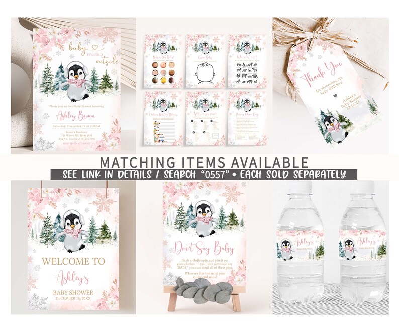 May include: A collection of baby shower stationery featuring a penguin in a winter scene. Items include invitations, games, welcome sign, water bottle labels, and thank you tags. Pink floral and snowflake accents are used throughout the designs.