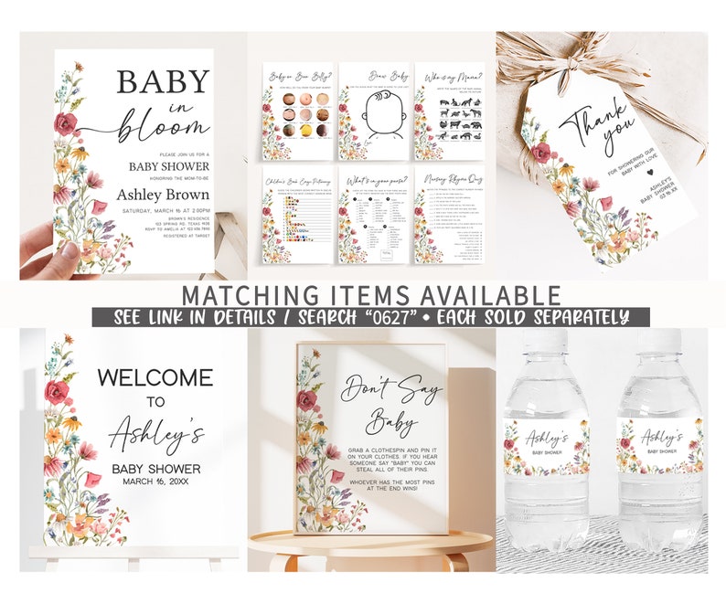 Editable Baby in Bloom Baby Shower Bottle Label, Boho Wildflower Baby Shower Water Labels, Spring Floral Baby Shower Bottle Stickers, 0627 image 2