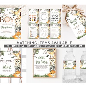 May include: A set of printable baby shower decorations featuring woodland animals, including a fox, owl, raccoon, and deer. The decorations include a welcome sign, a don't say baby game, water bottle labels, and a thank you tag. The text on the decorations says "Welcome to Ashley's Baby Shower" and "Don't Say Baby".
