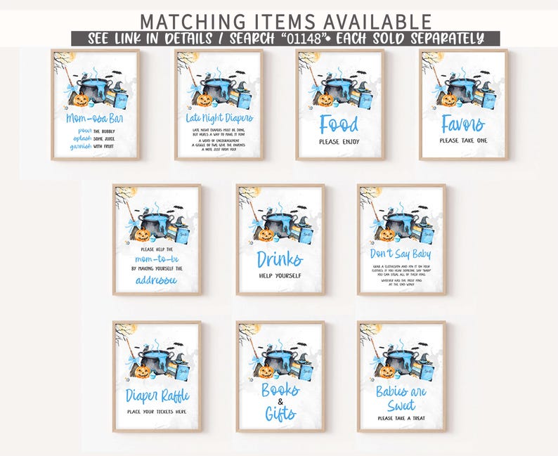 a set of nine blue and white posters