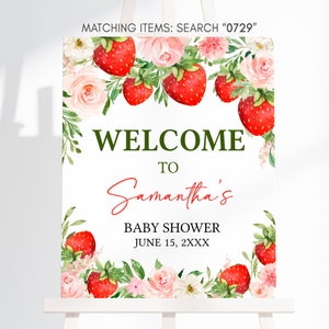 Bearbeitbares Erdbeer-Babyparty-Willkommensschild, Beere Süßes Babyparty-Willkommensplakat, rosa Blumenerdbeermädchen-Babypartyschild, 0729