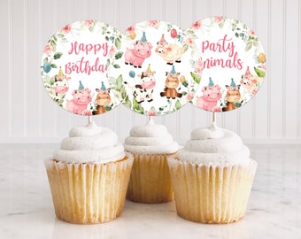 Farm Birthday Cupcake Toppers, Barnyard Birthday Topper, Girl Farm Animals First Birthday Party Decor, Floral Pink Barnyard Animal 321BD