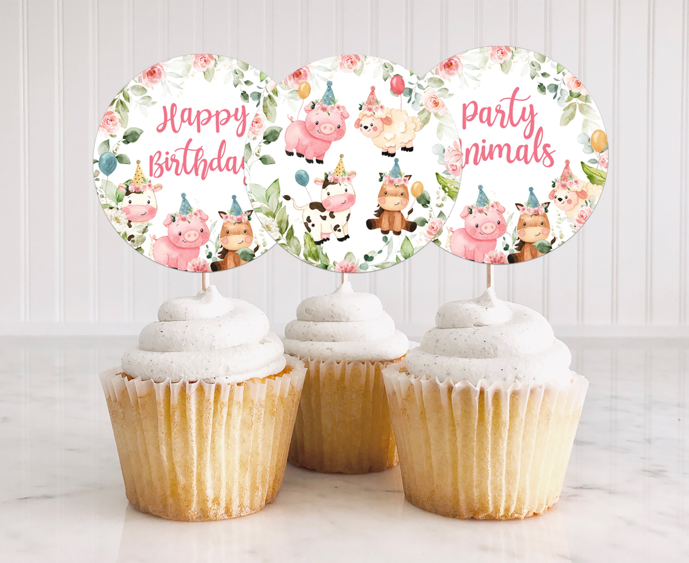 Farm Birthday Cupcake Toppers, Barnyard Birthday Topper, Girl Farm Animals First Birthday Party Decor, Floral Pink Barnyard Animal 321BD