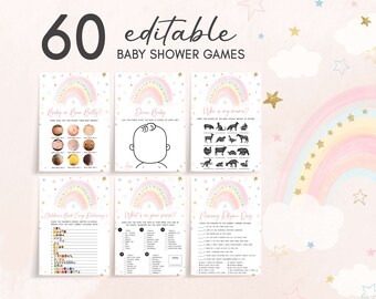 Editable Rainbow Baby Shower Games Bundle, Boho Rainbow Baby Shower Game Pack, Star Sprinkles, Pastel Colors Baby Shower Game Template, 0811