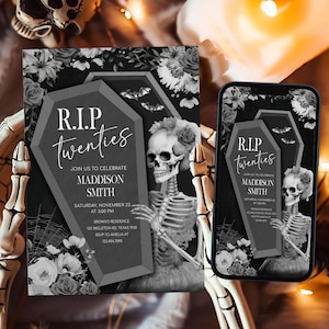 May include: A monochrome Halloween party invitation featuring a coffin, skeleton, and floral elements. The text reads "R.I.P. Twenties" with event details. A smartphone shows the same design. The overall theme is gothic and spooky.