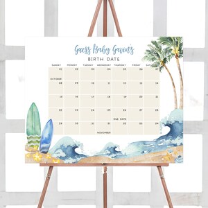 Editable Baby on Board Baby Shower Due Date Calendar, Surf Board Beach Baby Shower Calendar, Summer Boy Baby Shower Birthday Prediction 0677 image 1