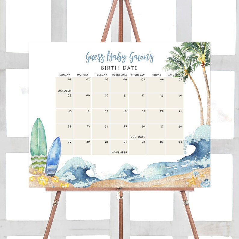 Editable Baby on Board Baby Shower Due Date Calendar, Surf Board Beach Baby Shower Calendar, Summer Boy Baby Shower Birthday Prediction 0677 image 1