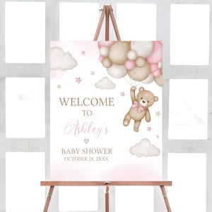 Bearbeitbares Rosa Mädchen-Bär-Babyparty-Willkommensschild, Wir können Bärenbabyparty-Willkommensplakat warten, Rosa Ballon-Bärn-Babyparty, 0507