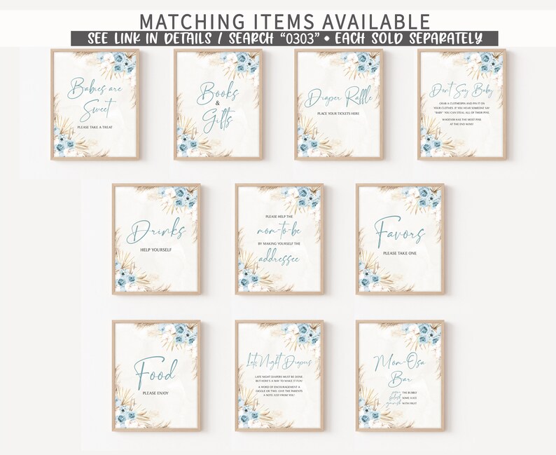 Editable Blue Floral Boho Baby Shower Invitation Bundle, Boy Pampas ...