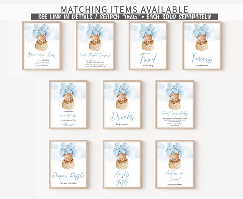 May include: Nine printable signs for a baby shower with a blue and brown color scheme. Each sign features a cartoon bear in a hot air balloon with blue balloons. The signs include: Mom & Dad Bar, Life Night Diapers, Food, Favors, Help Yourself to the Bar, Drinks, Don't Say Baby, Diaper Raffle, Books & Gifts, Babies are Sweet.