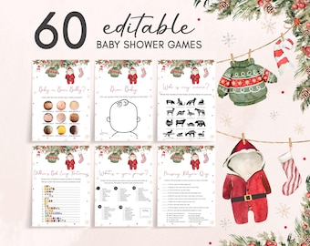 May include: A collection of 60 editable baby shower games with a Christmas theme. The games include various activities, such as guessing the baby's belly, drawing the baby, and identifying animals. Festive decorations include a Santa suit, sweater, and stockings.