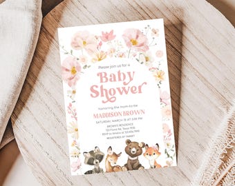 Editable Pink Floral Woodland Baby Shower Invitation, Girl Woodland Animals Baby Shower Invitation, Forest Animals Baby Shower Invite, 01007