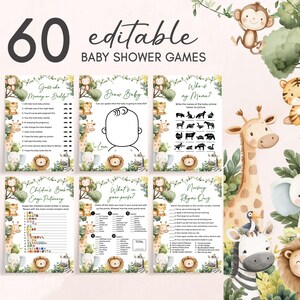 Paquete de juegos editables para baby shower It's A Boy Safari, paquete de juegos para baby shower Jungle, juegos para baby shower con animales de safari Greenery Wild One, 0996