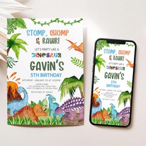 Editable Dinosaur Birthday Party Invitation, Stomp Chomp Roar Dinosaur Invitation, Dinosaur Party Invite, Boy Dino Birthday Invitation, 43BD