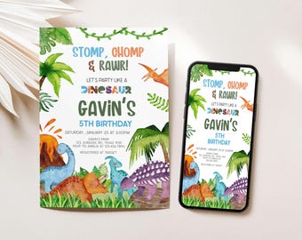 Editable Dinosaur Birthday Party Invitation, Stomp Chomp Roar Dinosaur Invitation, Dinosaur Party Invite, Boy Dino Birthday Invitation, 43BD