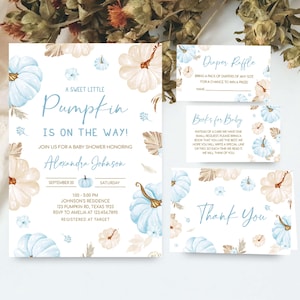 Editable Blue Sweet Little Pumpkin Baby Shower Invitation Bundle, Boho Pumpkin Fall Baby Shower Invite Set, Boy Autumn Pumpkin Invite, 01139
