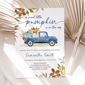 Editable Blue Pumpkin Pickup Truck Baby Shower Invitation Bundle, Fall Baby Shower Invite Set, Boy Autumn Baby Shower Invitation Pack 0435 image 3