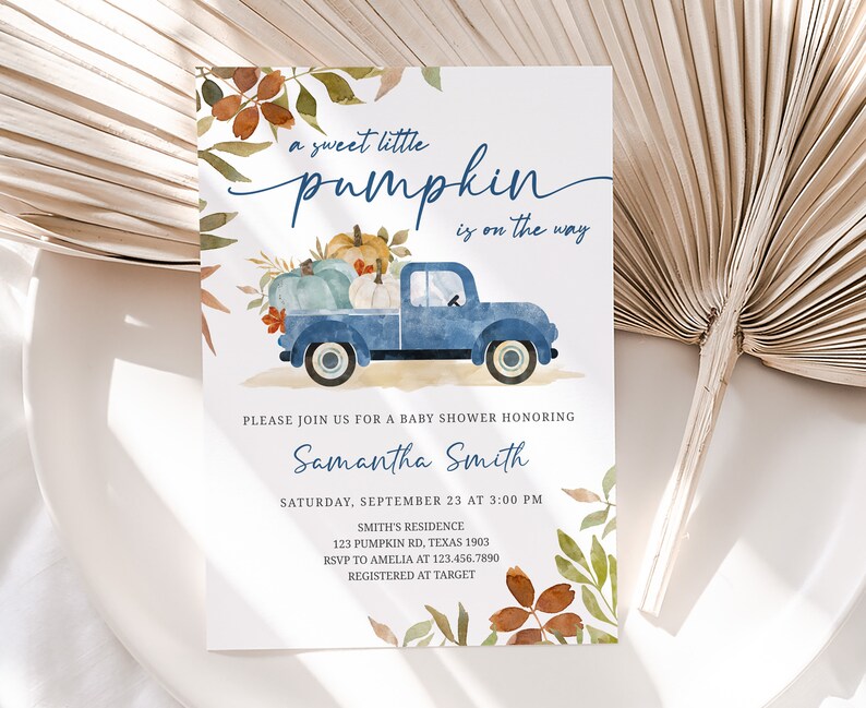 Editable Blue Pumpkin Pickup Truck Baby Shower Invitation Bundle, Fall Baby Shower Invite Set, Boy Autumn Baby Shower Invitation Pack 0435 image 3