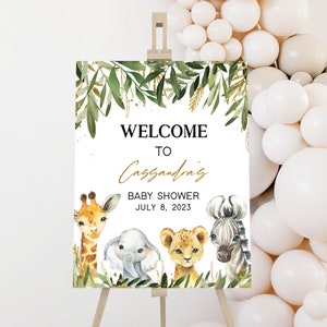 Editable Oh Boy Safari Baby Shower Welcome Sign, Safari Jungle Baby Shower Welcome Poster, Greenery Gold Safari Animals Sign Template 0392
