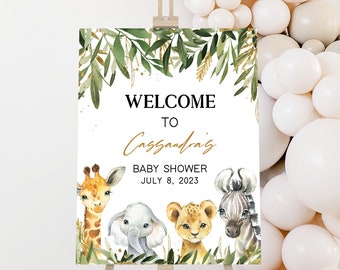 Editable Oh Boy Safari Baby Shower Welcome Sign, Safari Jungle Baby Shower Welcome Poster, Greenery Gold Safari Animals Sign Template 0392