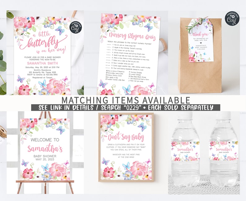 May include: A set of printable baby shower decorations featuring a butterfly theme. The set includes a welcome sign, a nursery rhyme quiz, a don't say baby game, water bottle labels, and a thank you tag. The decorations are decorated with pink, blue, and green watercolor flowers and butterflies.
