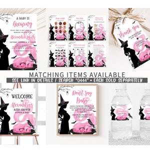 May include: A selection of Halloween-themed baby shower decorations. The designs feature a witch silhouette, a cauldron with pink potion, and the text "A Baby is Brewing." Includes invitations, games, a welcome sign, water bottle labels, and thank you tags.